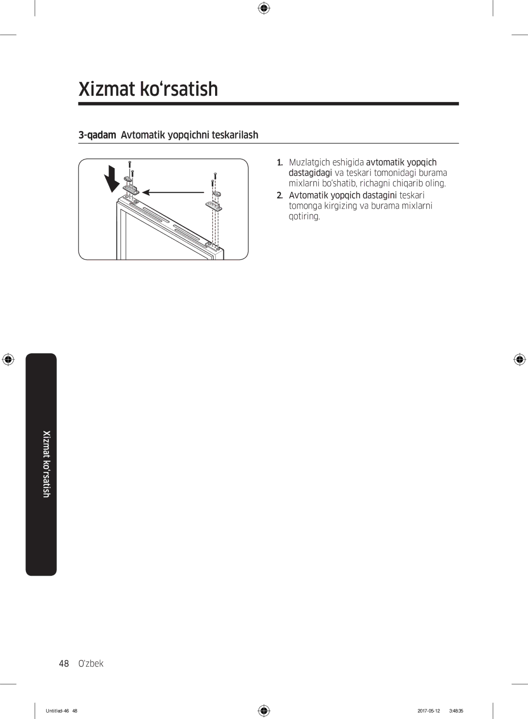 Samsung RR39M7140SA/WT manual Qadam Avtomatik yopqichni teskarilash 